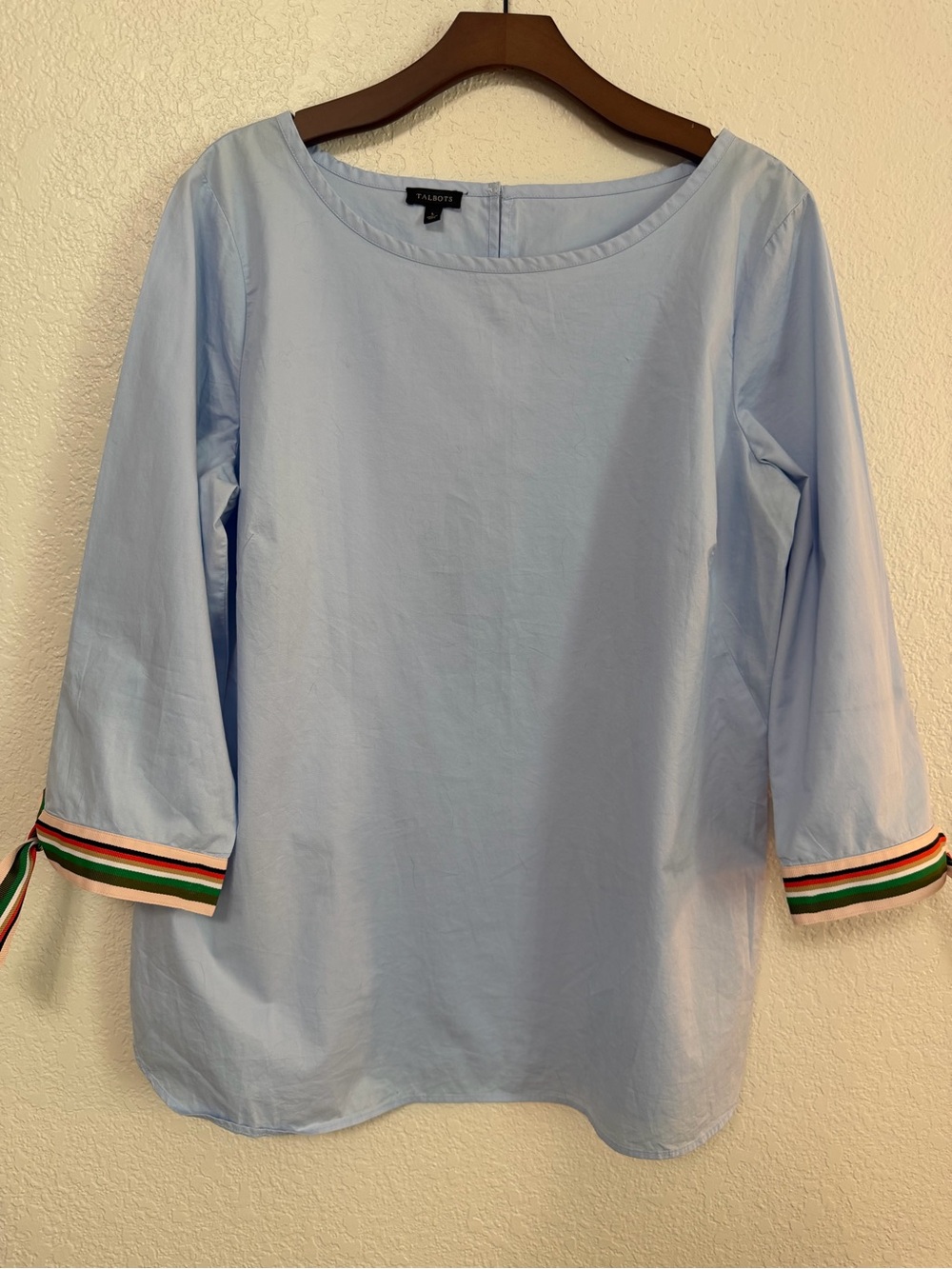 Talbots Blue Cotton Boatneck Ribbon Detail Sleeve Blouse L